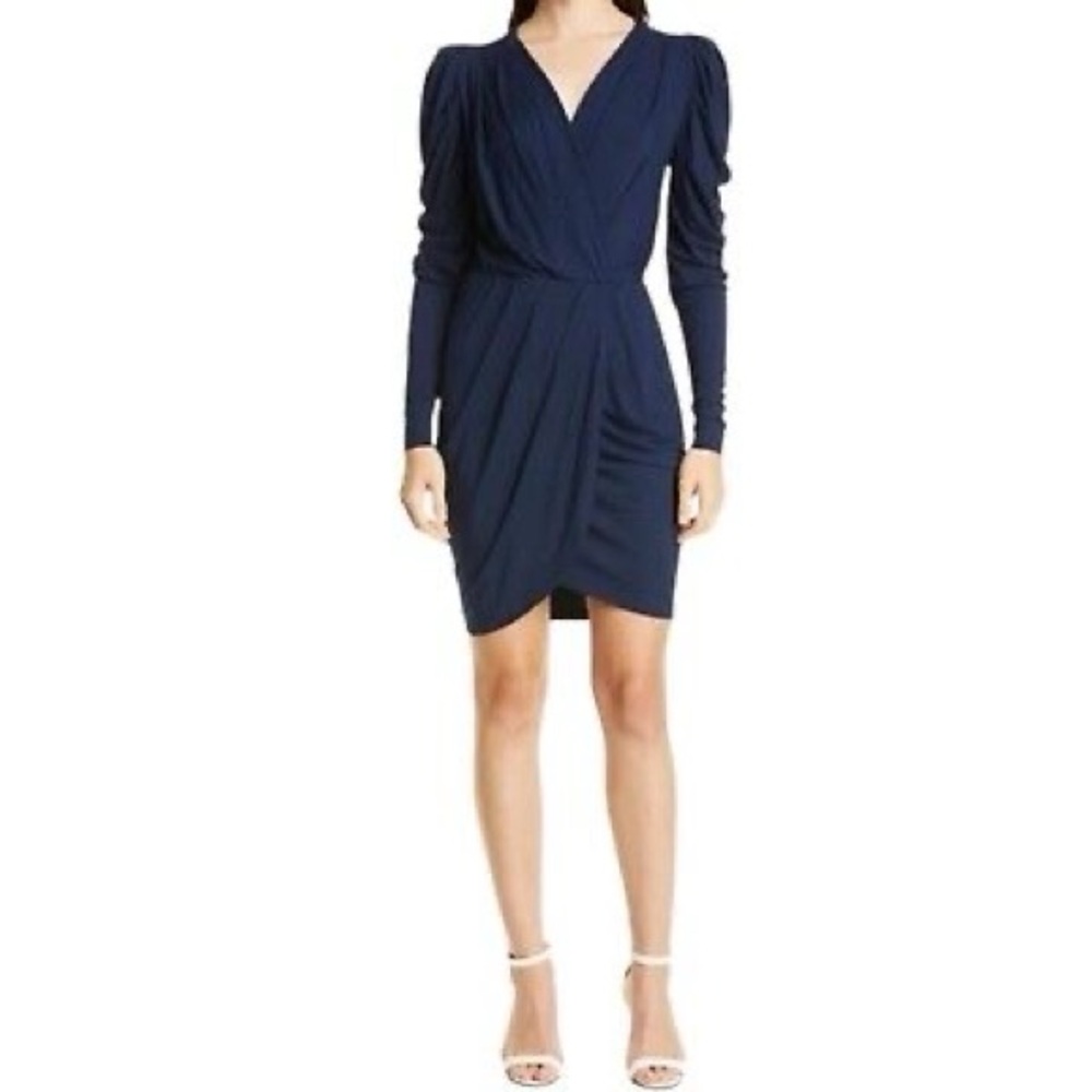 Ted Baker midi dress Wrap Front Navy Blue long sleeve size 1 Puff Shoulder